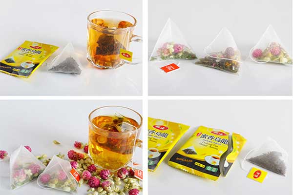 內(nèi)外袋茶葉包裝機(jī)可采用復(fù)合膜、過濾紙、無紡布等薄膜制袋